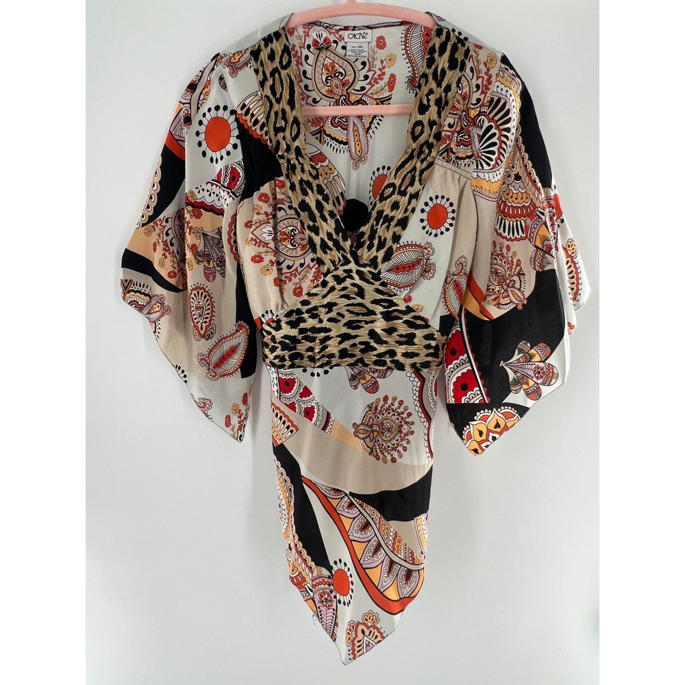 Cache Silk Paisley Leopard Print Kimono Sleeve Wrap Top Handkerchief Hem Y2k XS